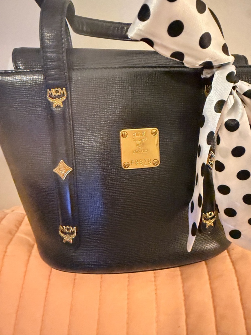 MCM Black Leather Top-Handle Tote with Gold Hardware and Polka Dot Scarf